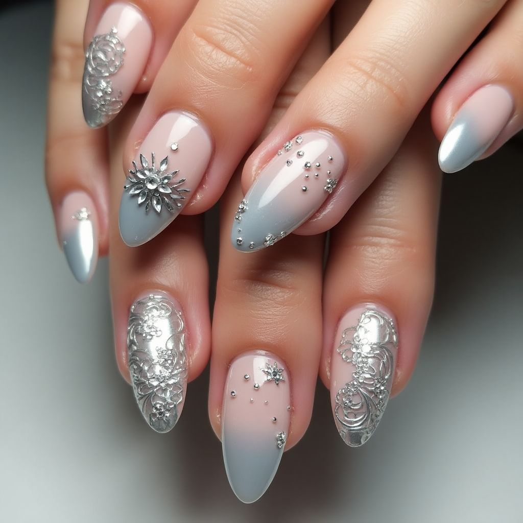 Silver Almond Nail Design