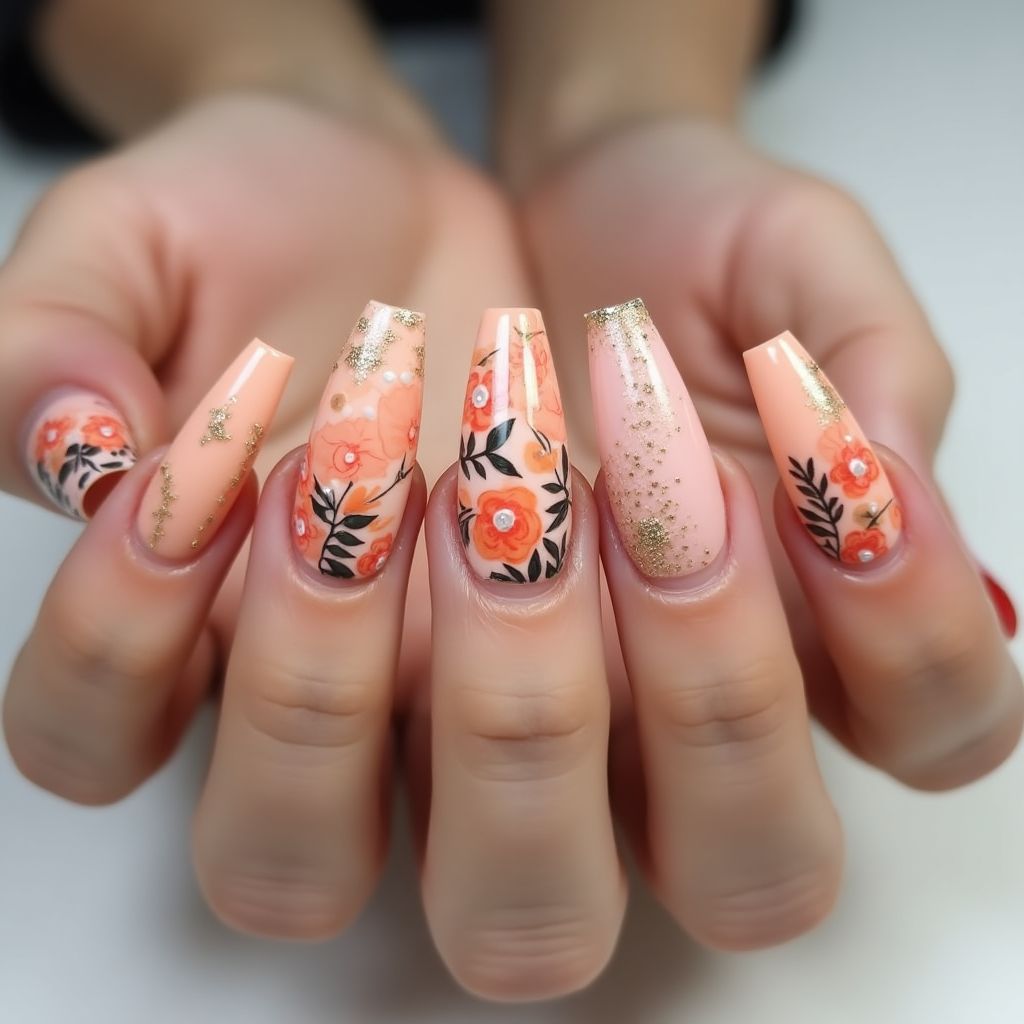 Peach Coffin Nail Design