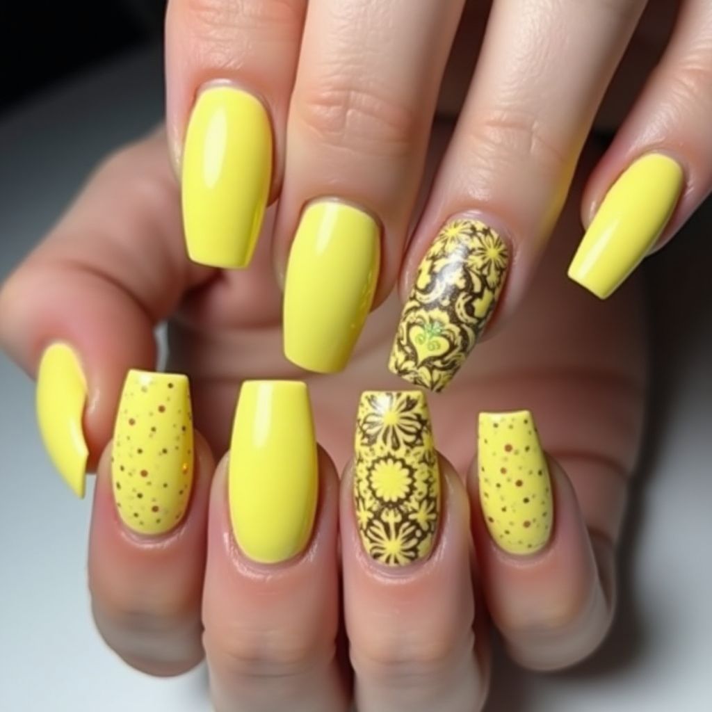 Yellow Coffin Nail Design