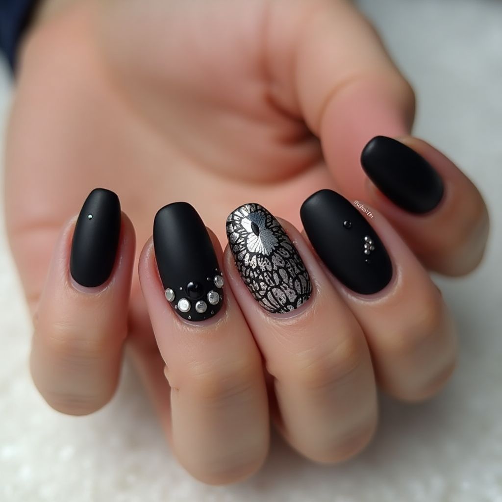 Black Round Nail Design