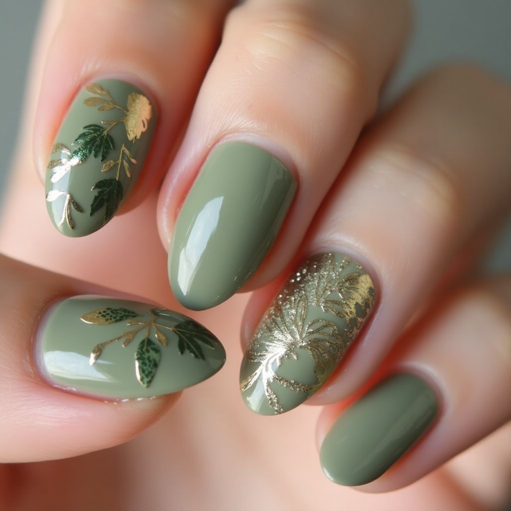 Olive Green Almond Nail Design
