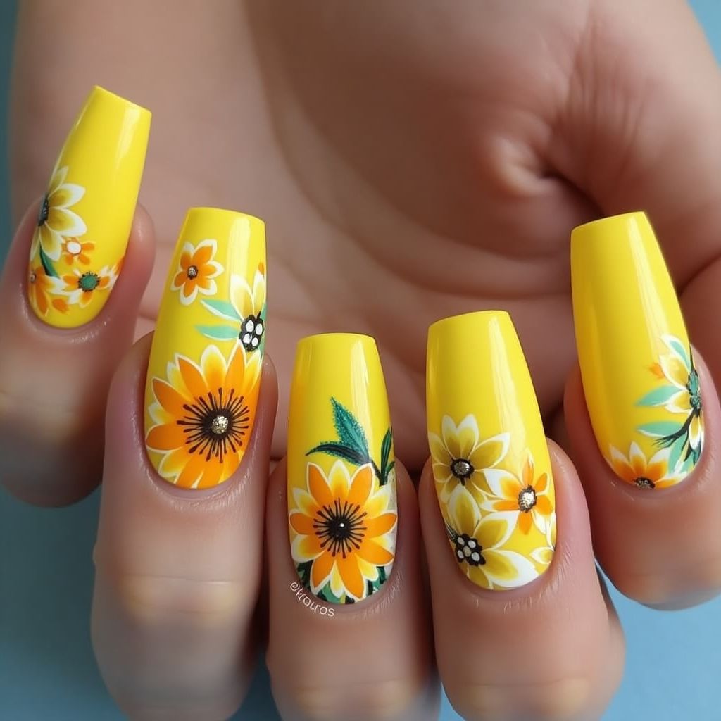 Yellow Coffin Nail Design