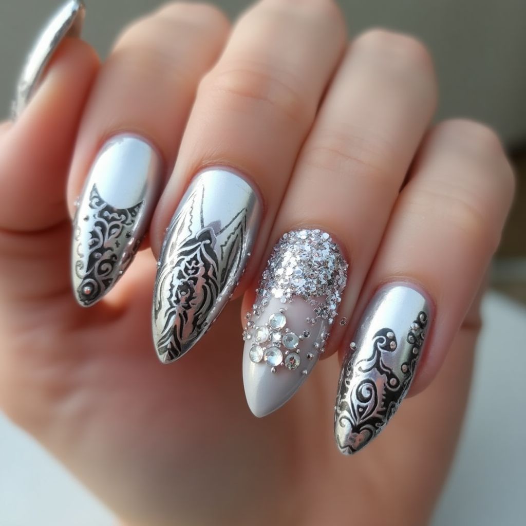 Silver Almond Nail Design