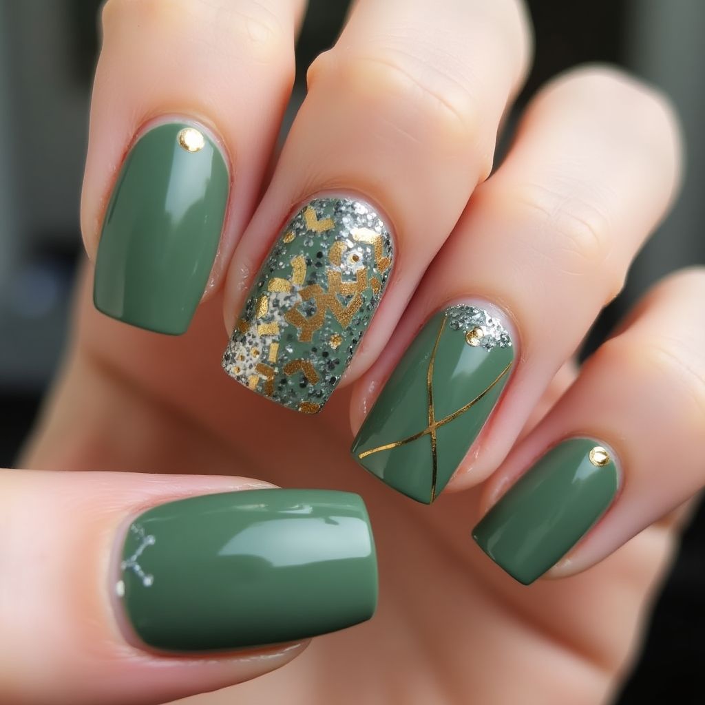 Olive Green Square Nail Design