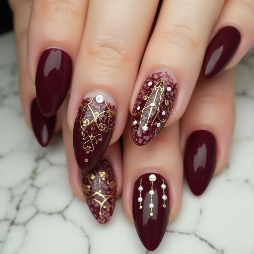 Burgundy Almond Nail Design