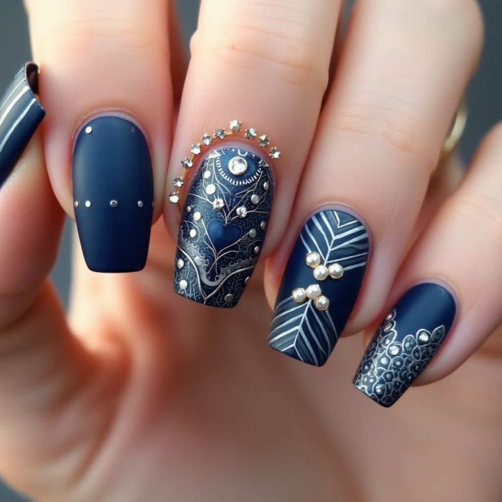 Navy Blue Coffin Nail Design