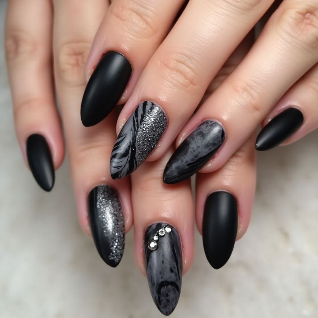 Charcoal Gray Stiletto Nail Design