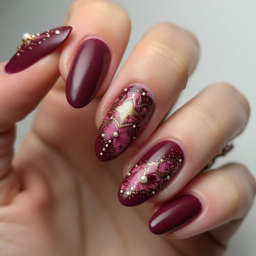 Wine Almond Nail Design