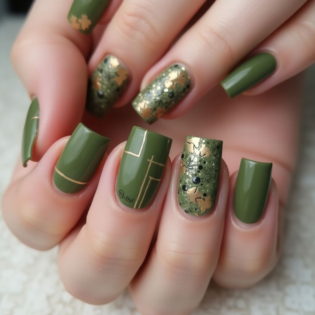 Olive Green Square Nail Design