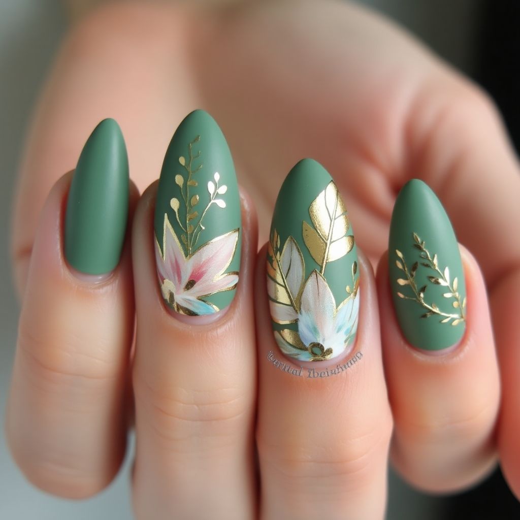 Olive Green Almond Nail Design