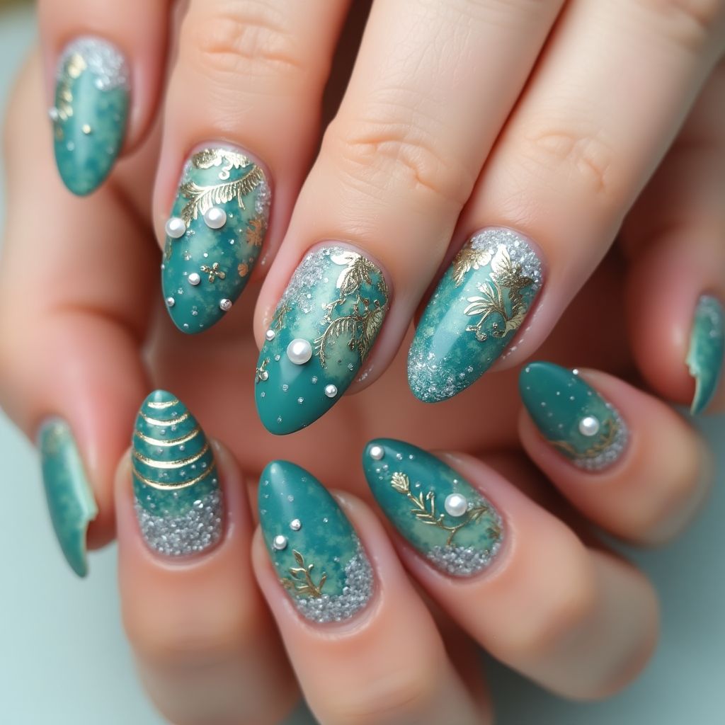 Teal Almond Nail Design