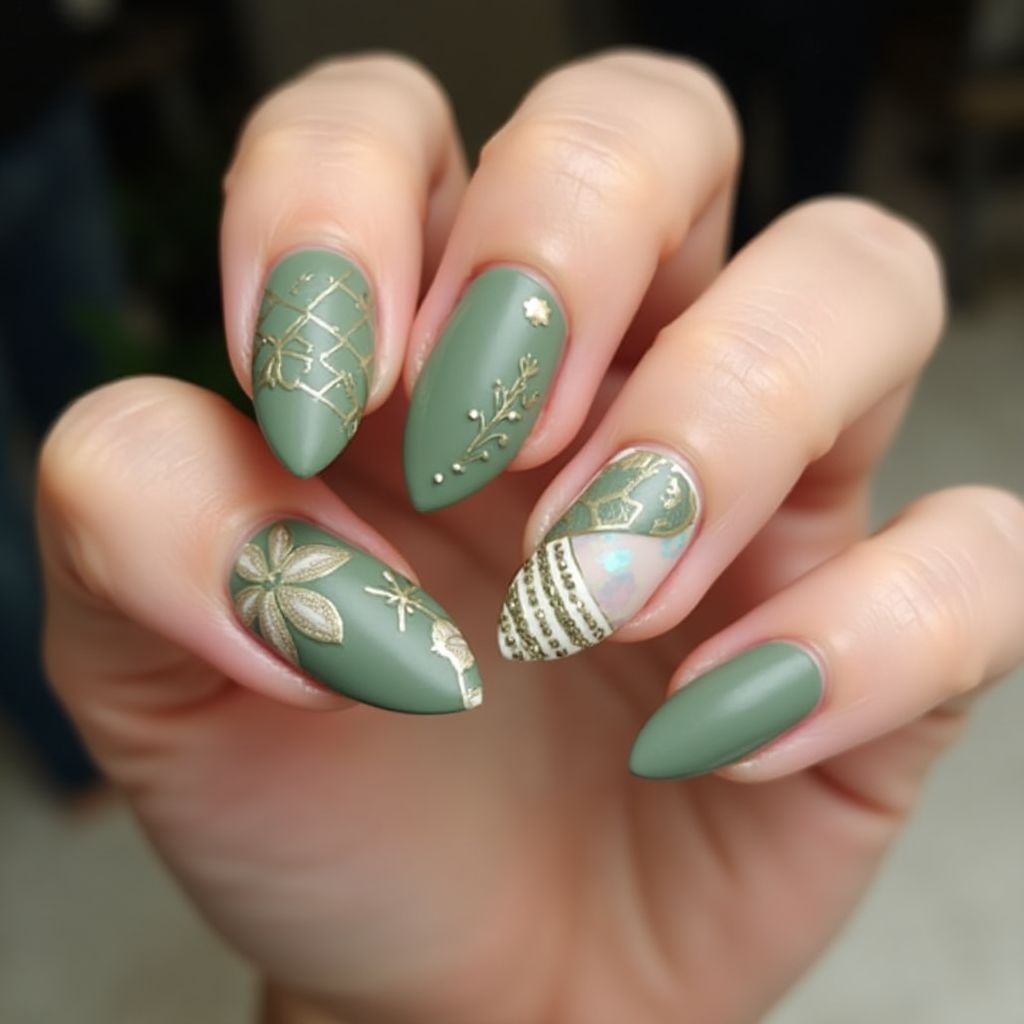 Olive Green Almond Nail Design