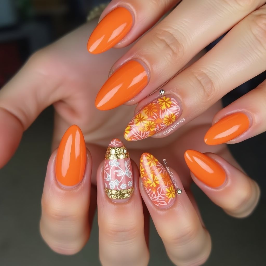 Orange Almond Nail Design
