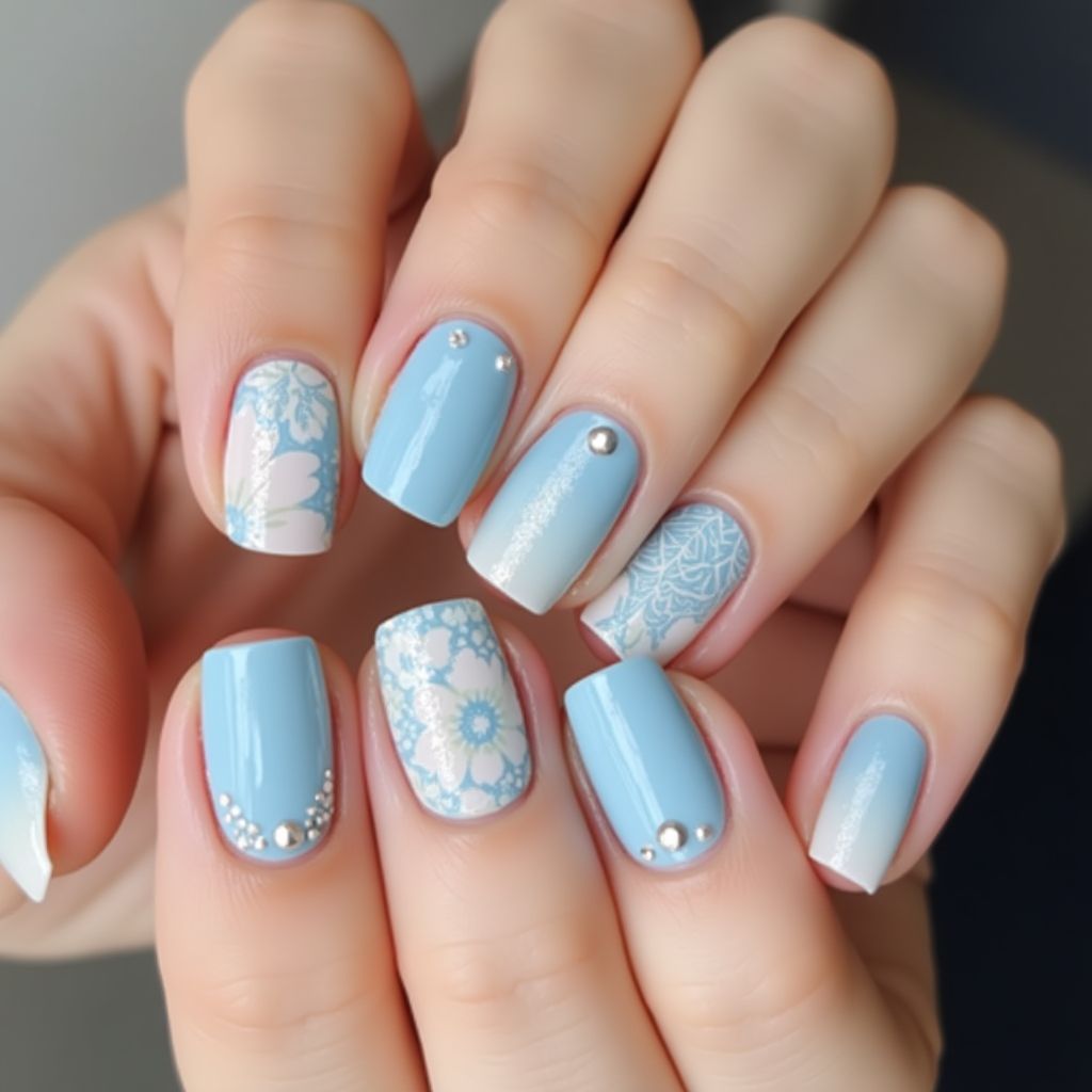 Pastel Blue Round Nail Design