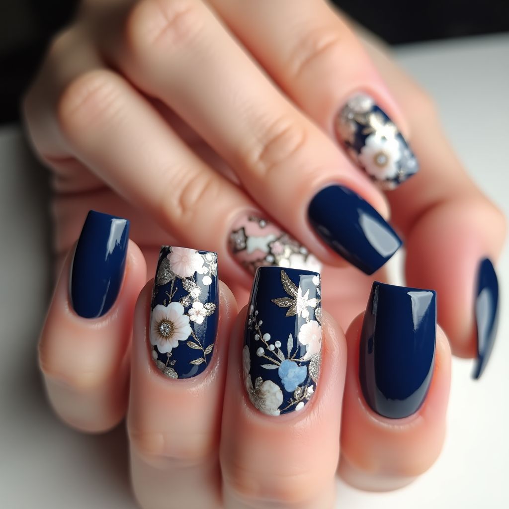 Navy Blue Square Nail Design