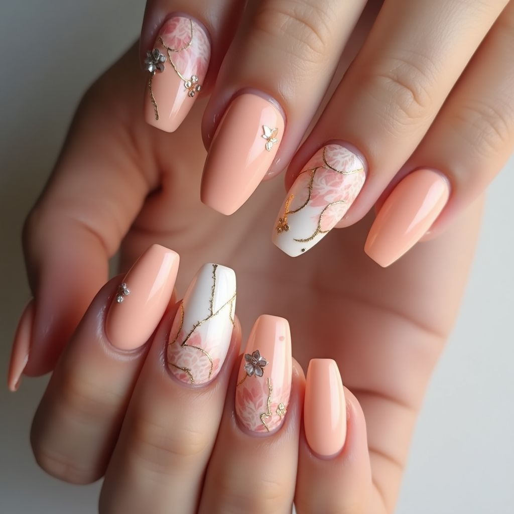 Peach Coffin Nail Design