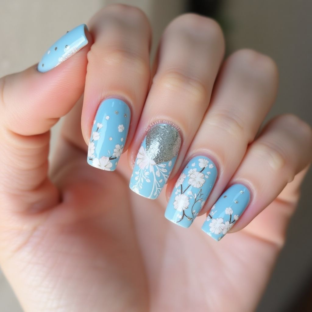 Pastel Blue Square Nail Design