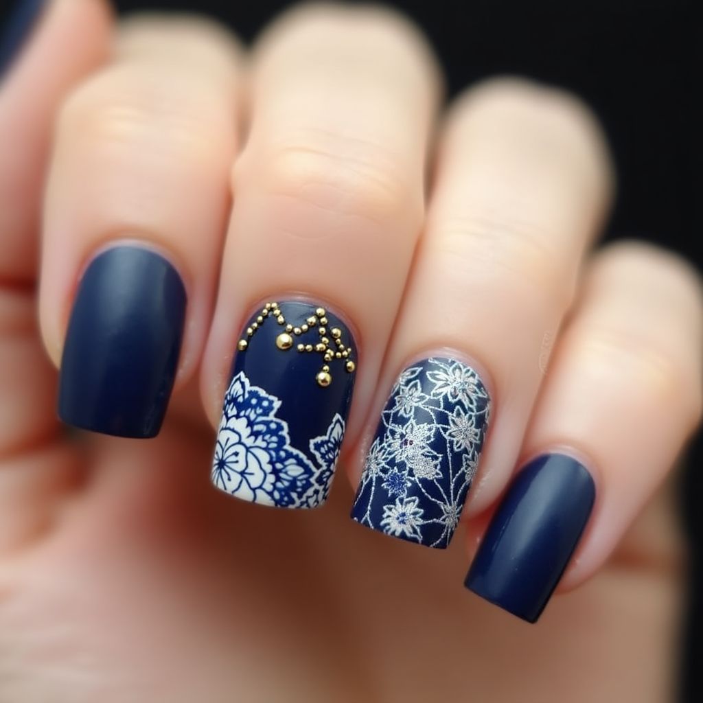 Navy Blue Square Nail Design