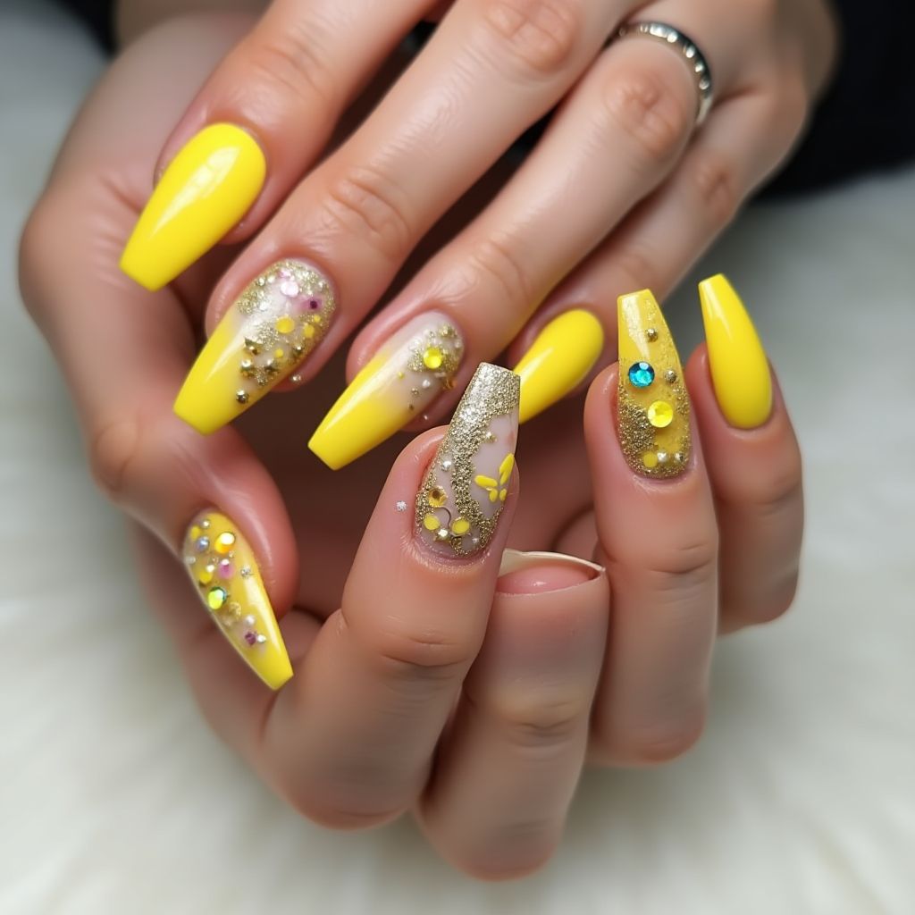 Yellow Coffin Nail Design