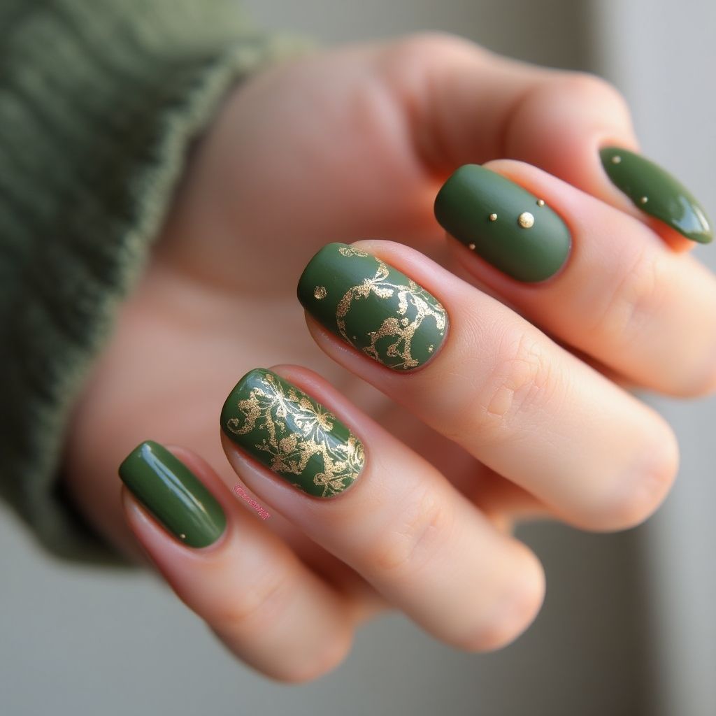 Olive Green Round Nail Design