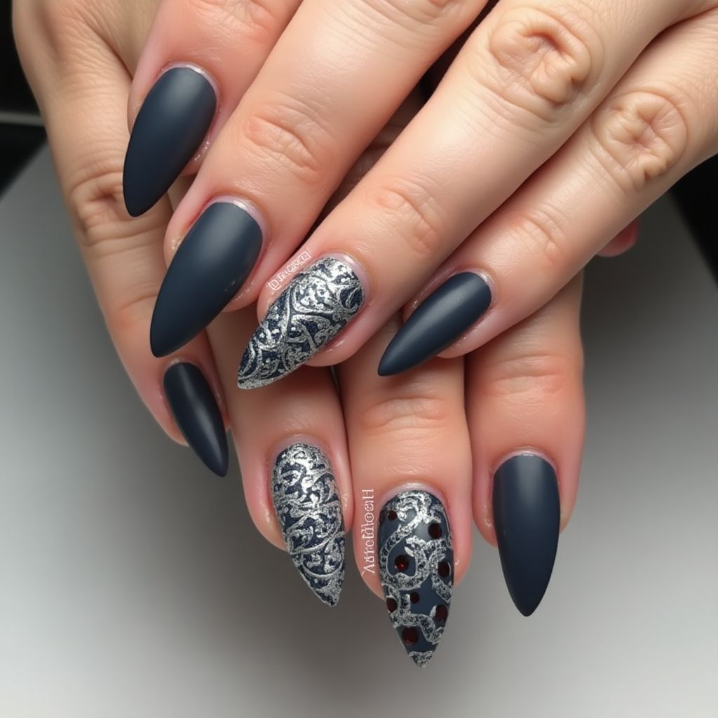 Charcoal Gray Stiletto Nail Design