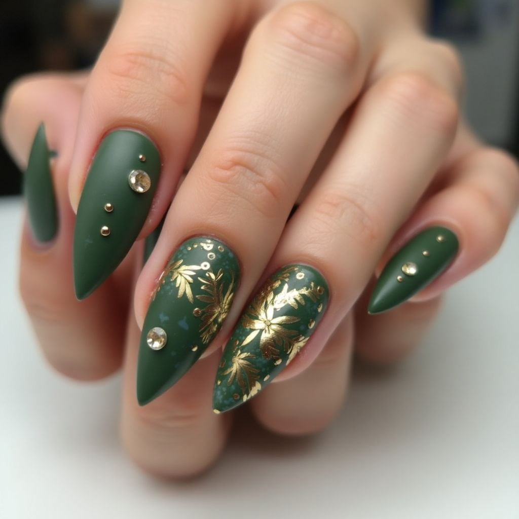 Olive Green Coffin Nail Design