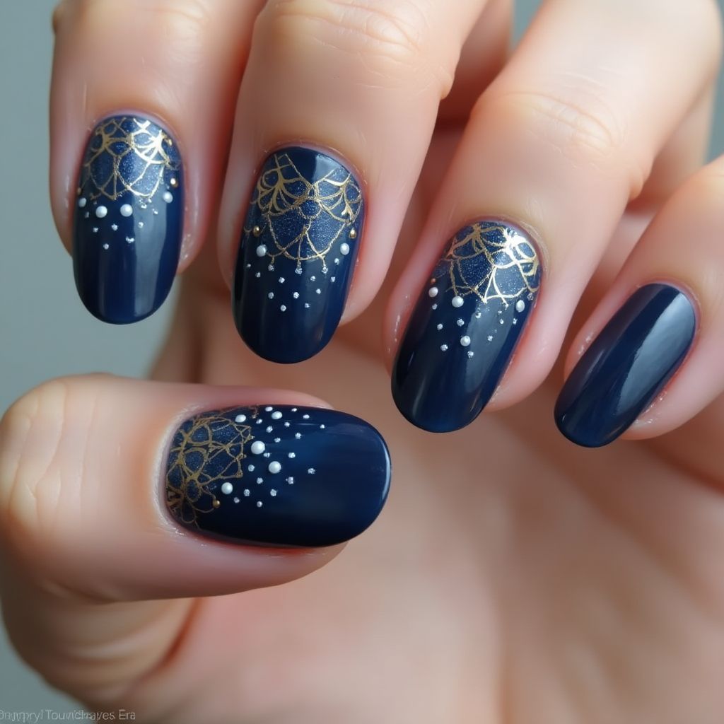 Navy Blue Round Nail Design