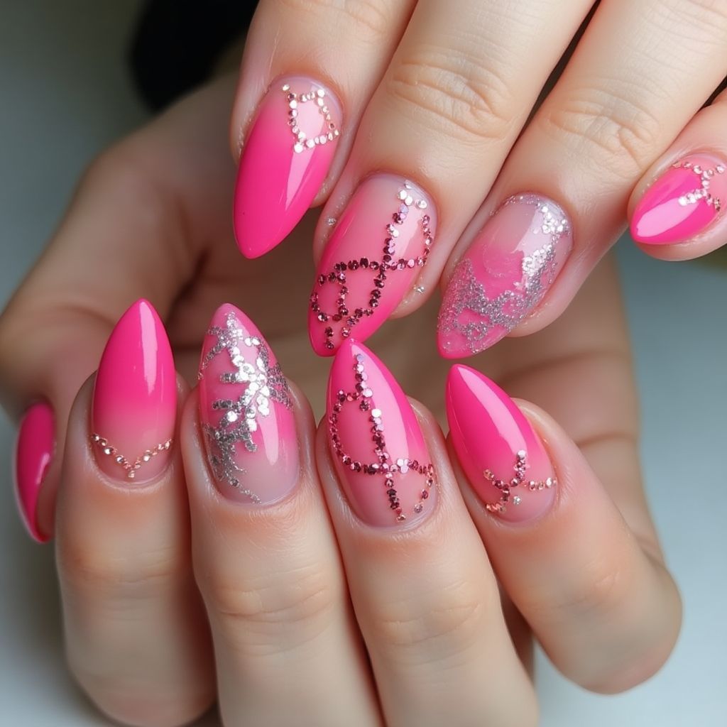Hot Pink Almond Nail Design