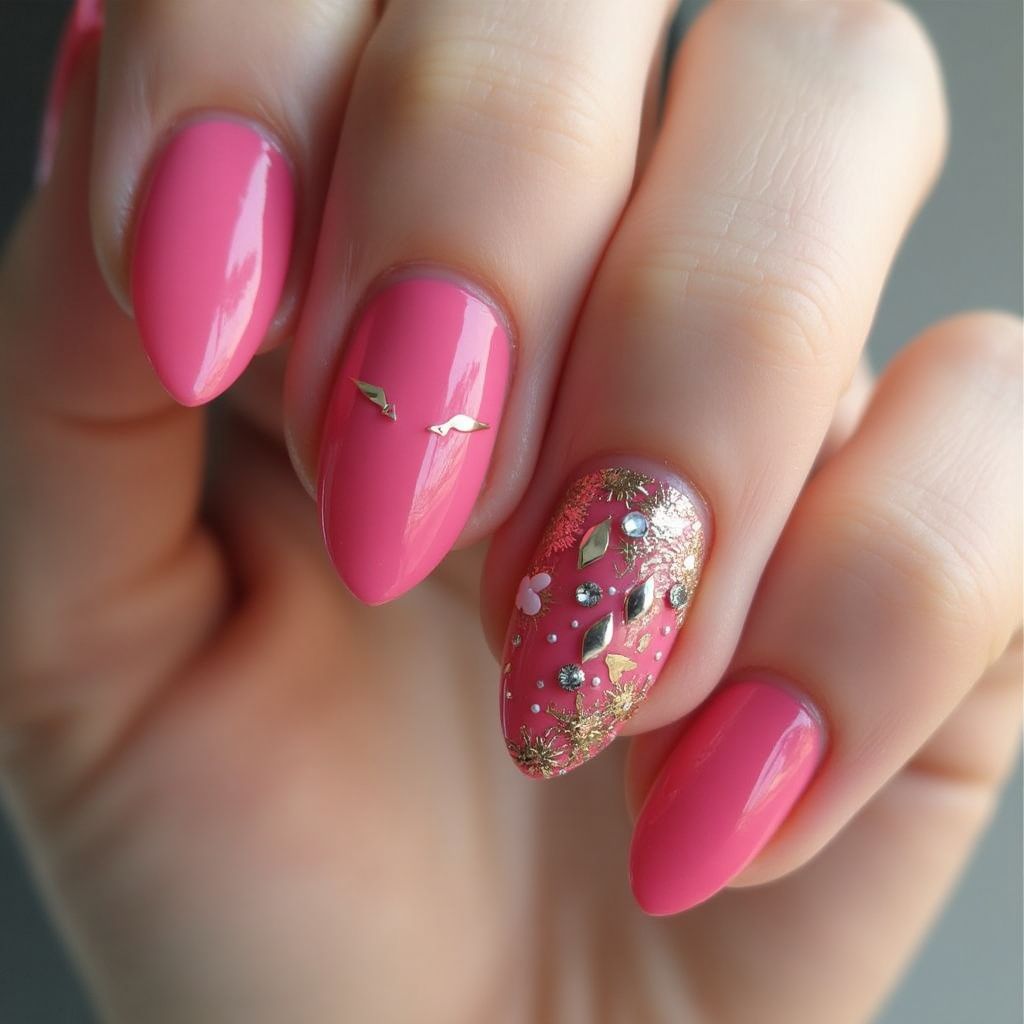 Hot Pink Almond Nail Design