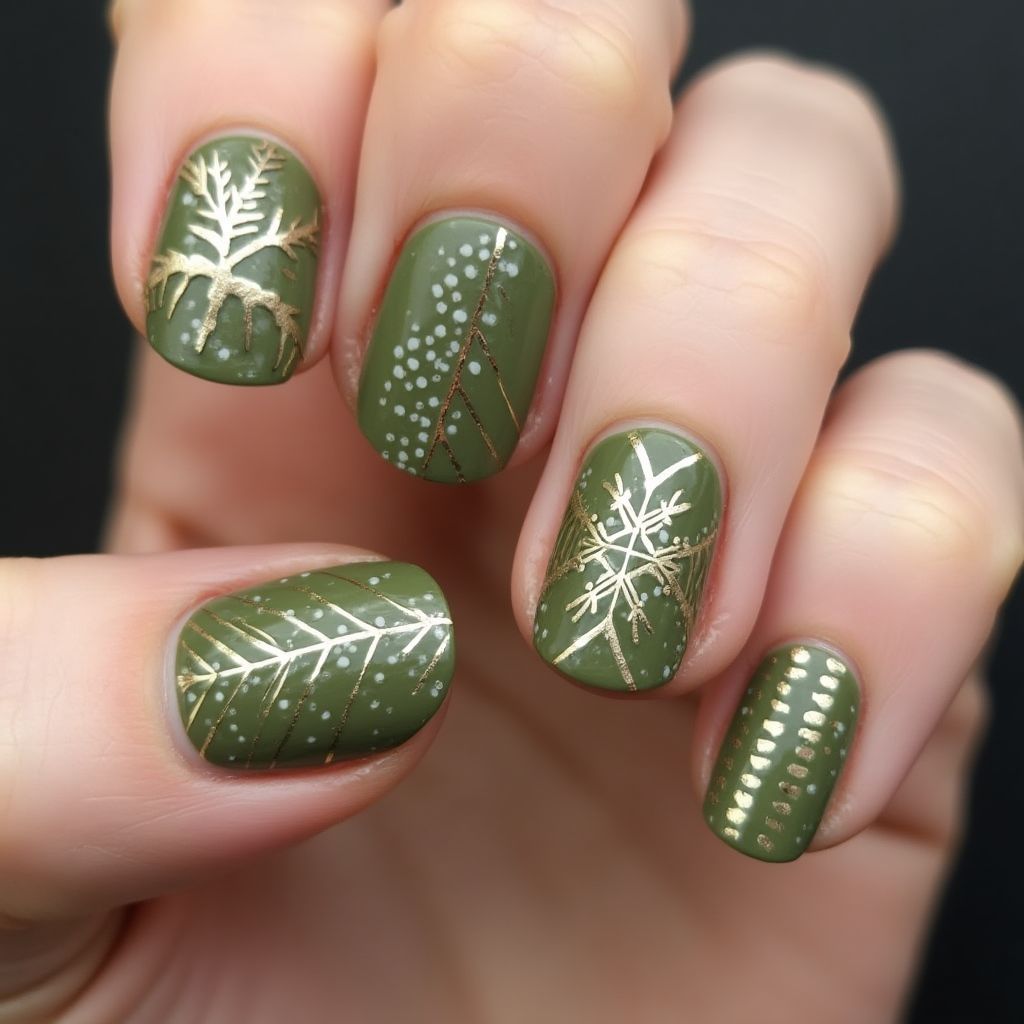 Olive Green Round Nail Design