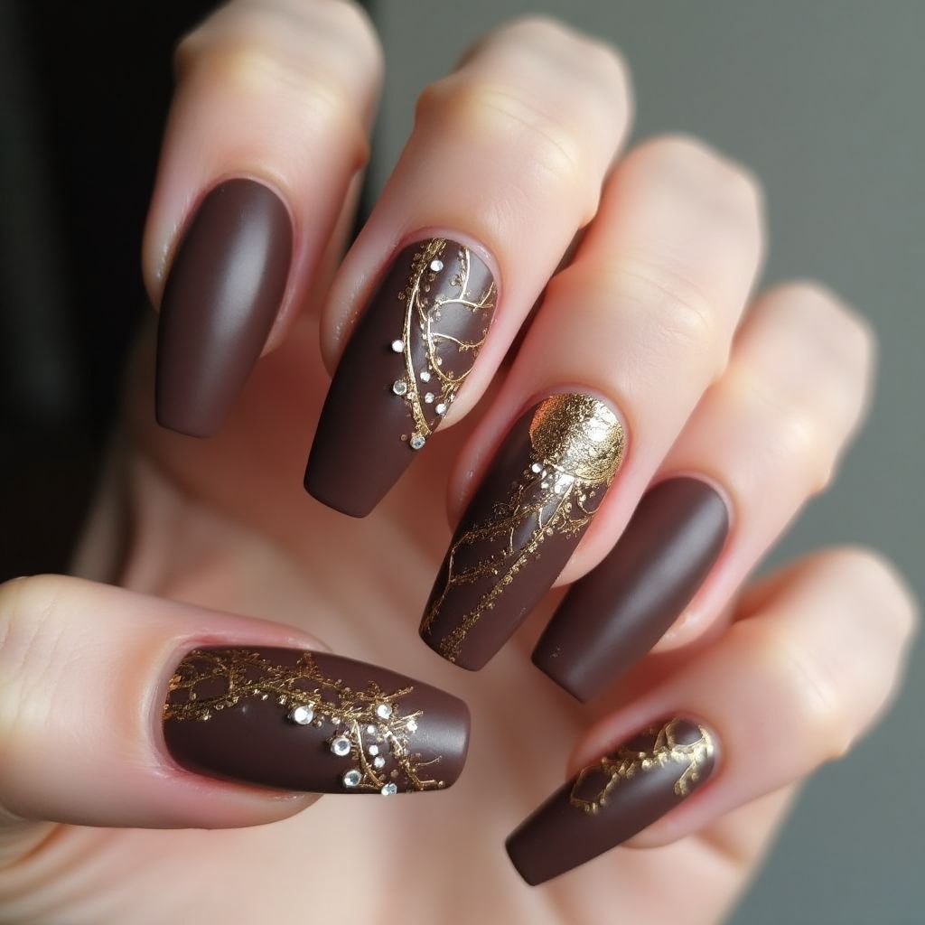 Chocolate Brown Coffin Nail Design