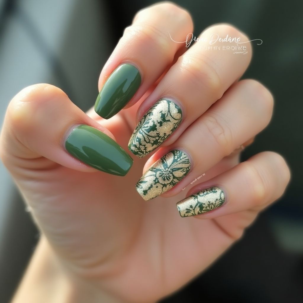 Olive Green Coffin Nail Design