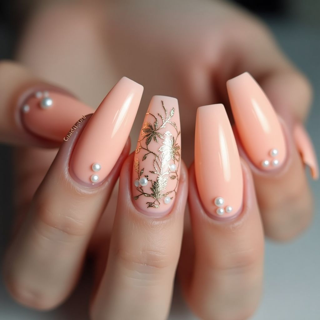 Peach Coffin Nail Design