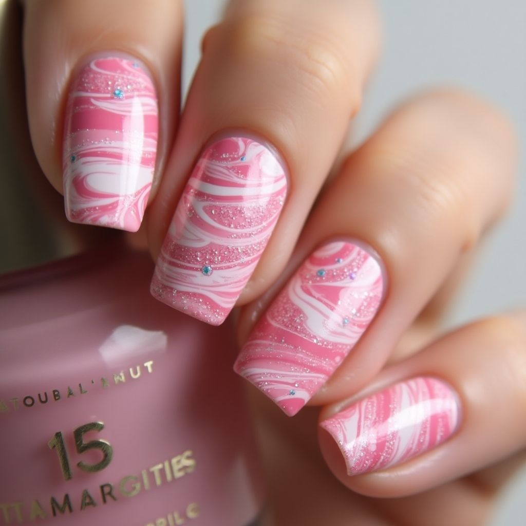 Pink Water marbling Nail Design