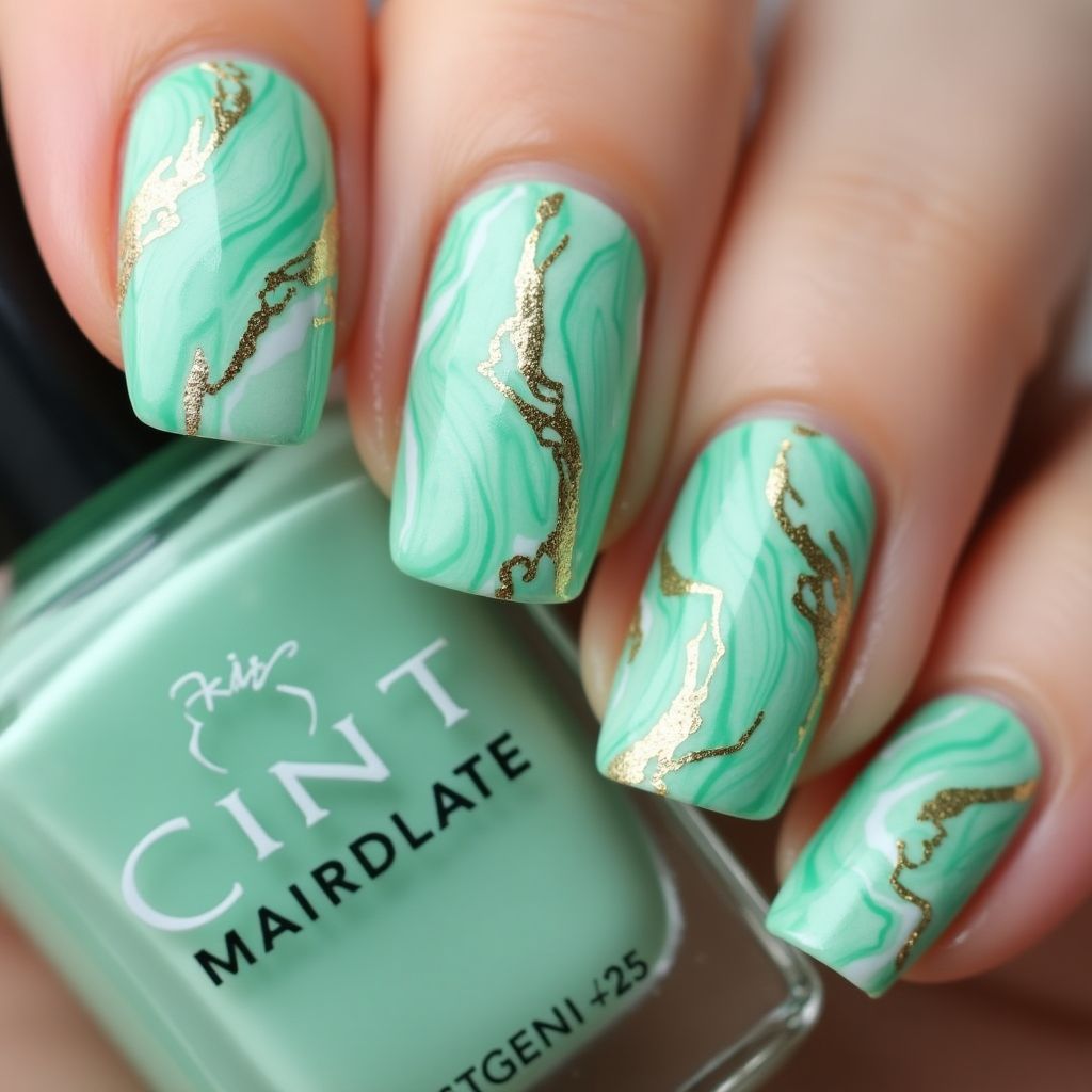 Mint Green Water Marbling Nail Design