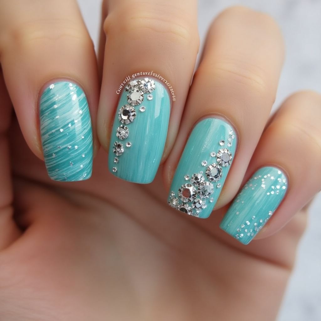 Turquoise Freehand Art Nail Design
