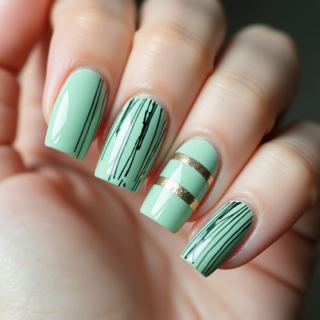Mint Green Stripes And Lines Nail Design