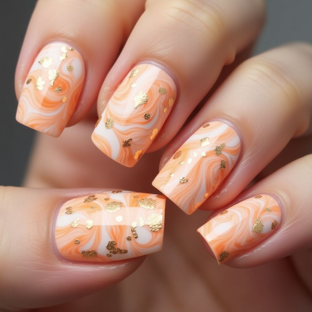 Peach Water Marbling Nail Design
