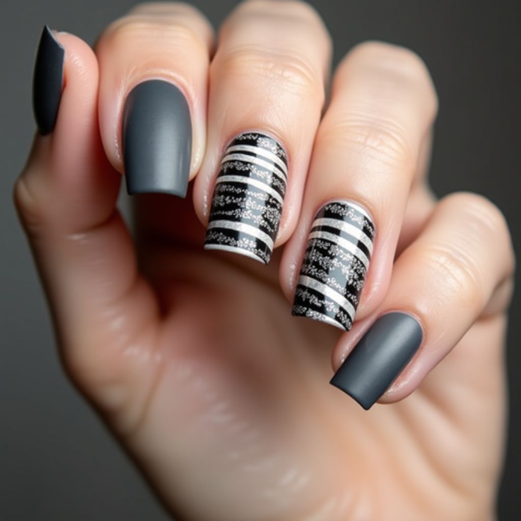 Charcoal Gray Stripes And Lines Nail Design
