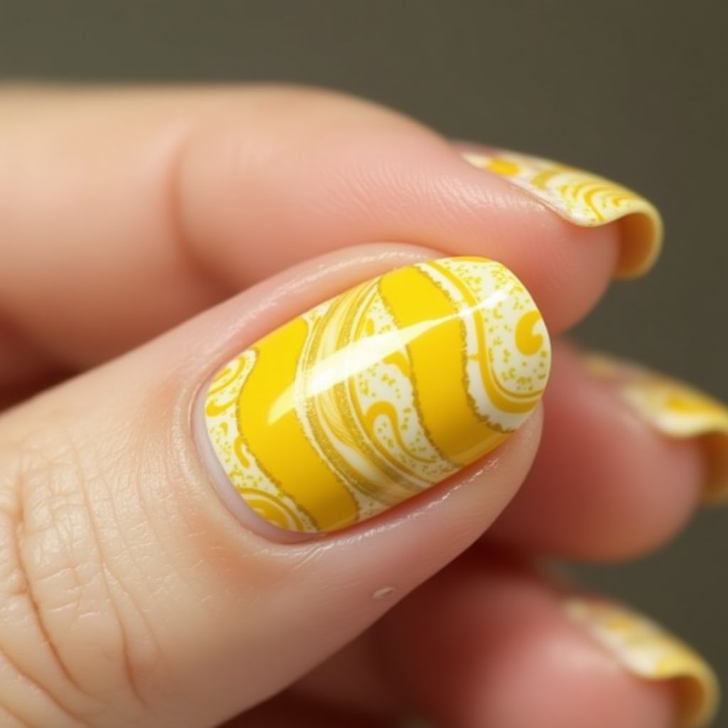 Yellow Water Marbling Nail Design