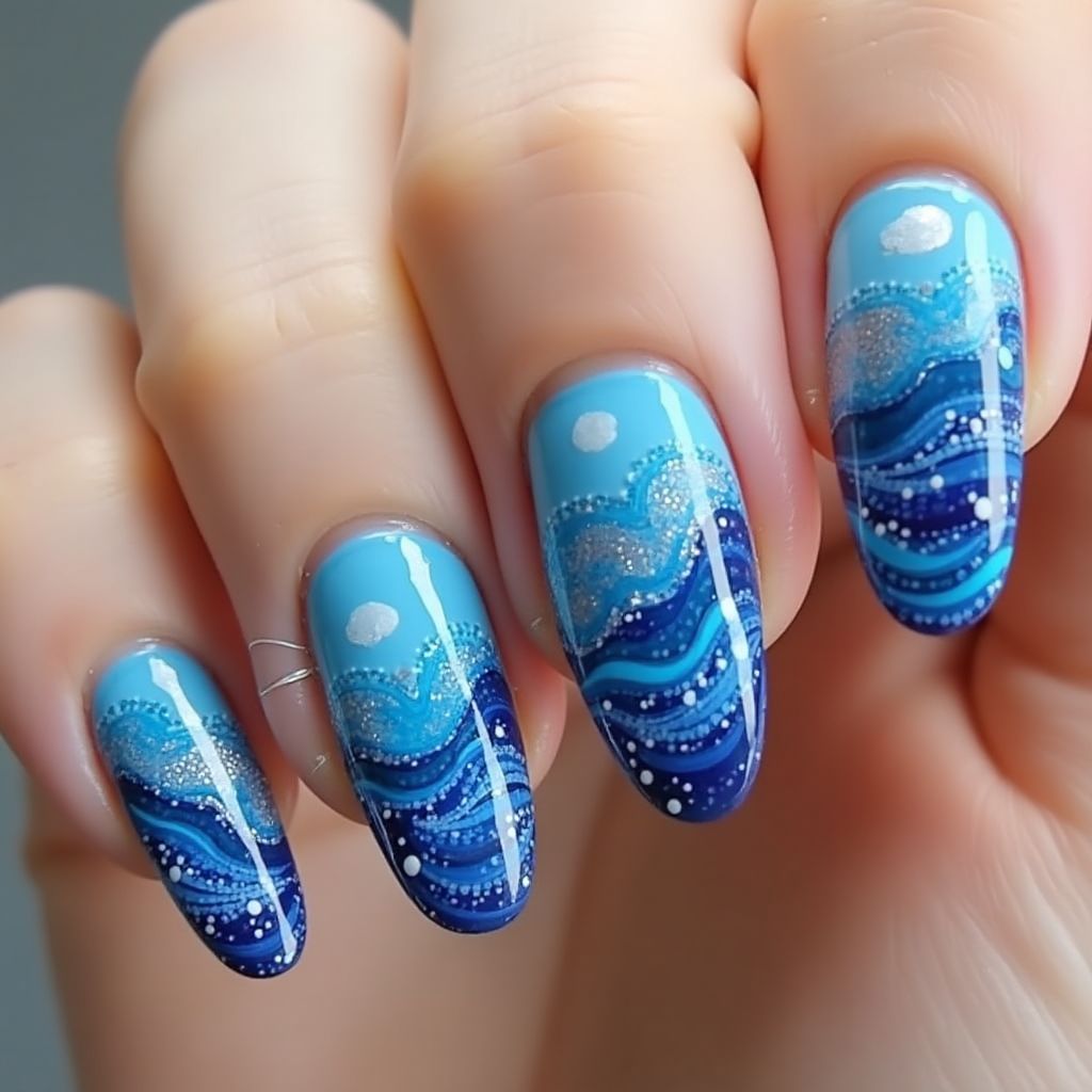 Blue Freehand Art Nail Design