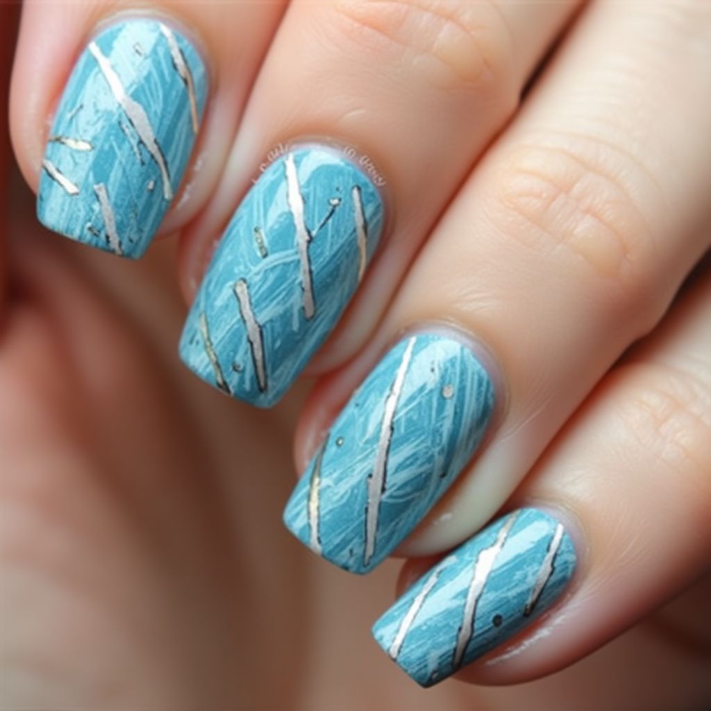 Sky Blue Stripes And Lines Nail Design