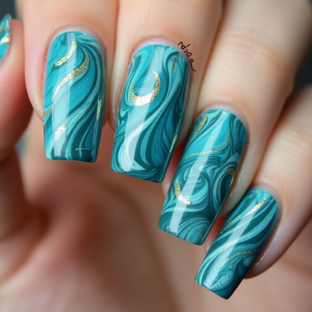 Turquoise Water Marbling Nail Design
