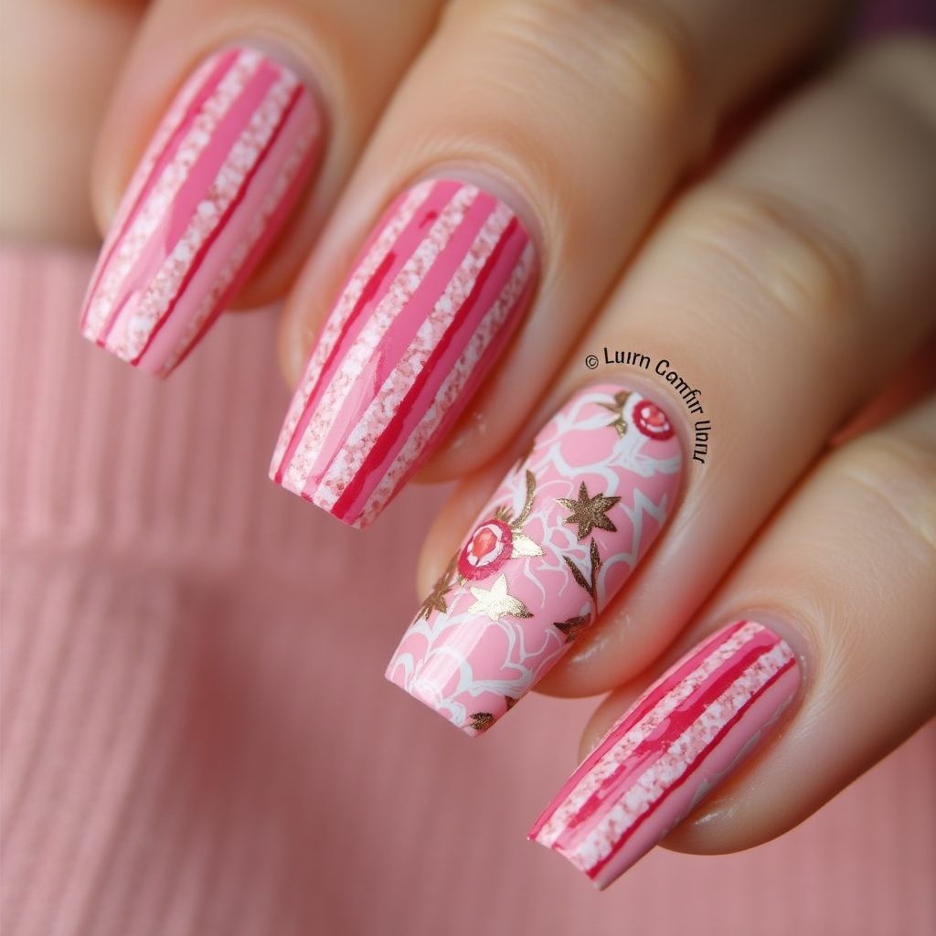 Pink Stripes And Lines Nail Design
