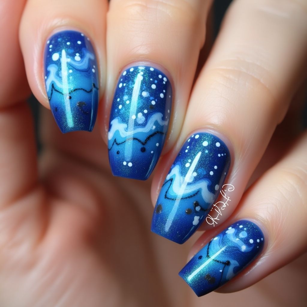 Blue Freehand art Nail Design