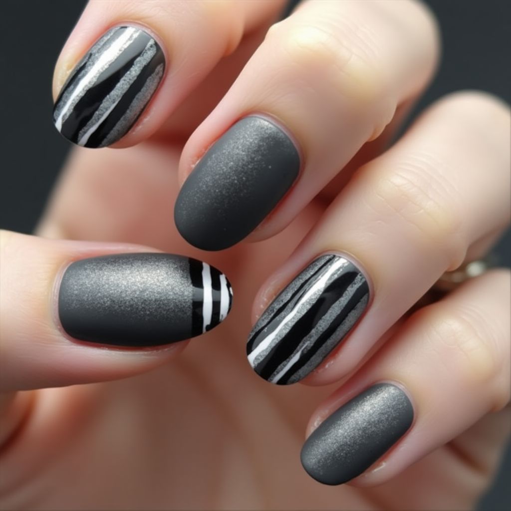 Charcoal Gray Stripes And Lines Nail Design