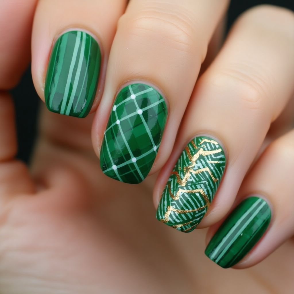 Emerald green Stripes and lines Nail Design
