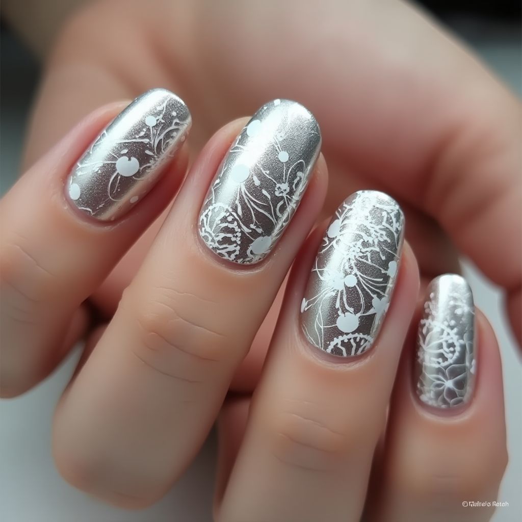 Silver Freehand Art Nail Design