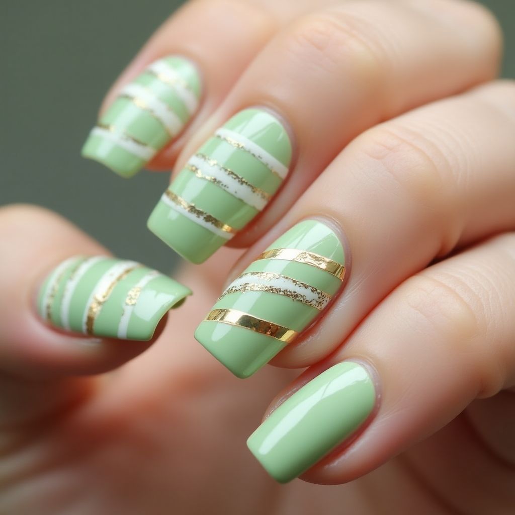 Pastel Green Stripes And Lines Nail Design