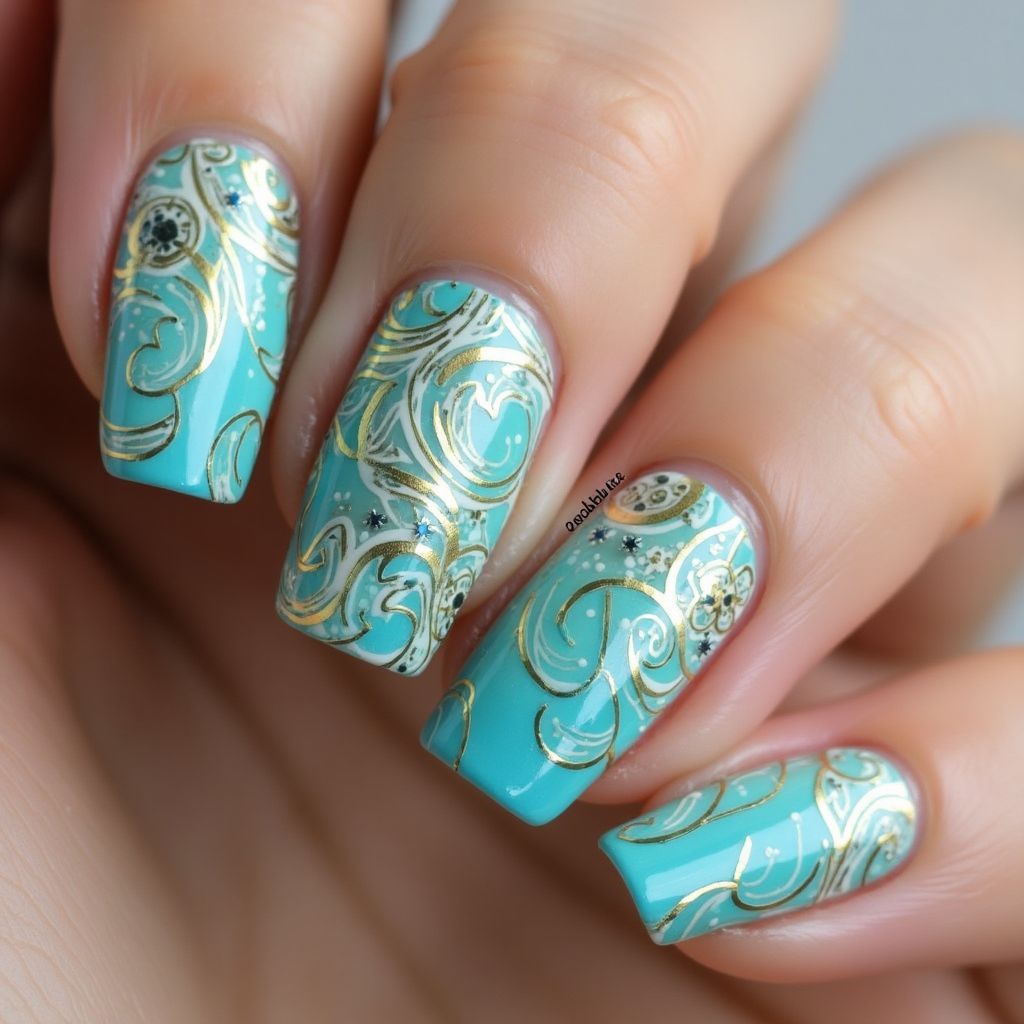 Turquoise Freehand Art Nail Design